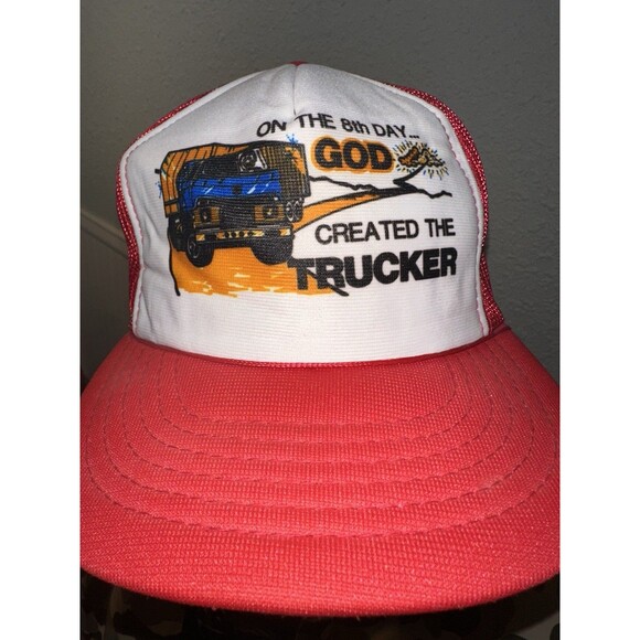 Vintage 80s Red Funny Trucker Snapback Rope Hat Trucker Cap GOD MADE ON 8th DAY - Picture 1 of 5